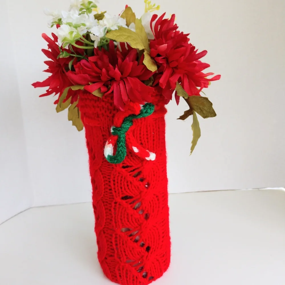 Hand Crafted Bottle Vase Cover Red Holiday Bar Cart Essential Botanical